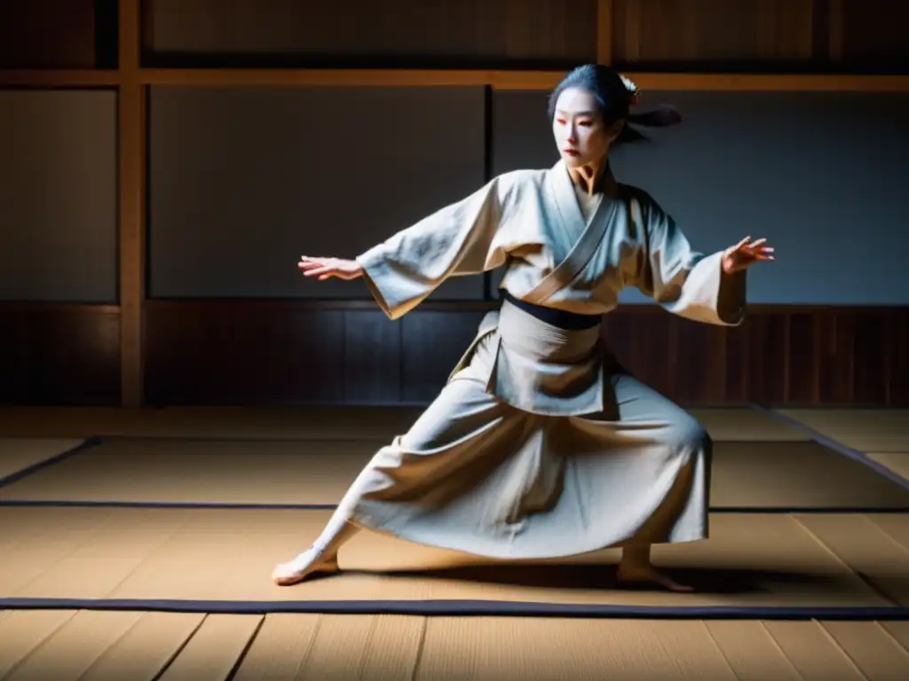 Clase de danza Butoh en Japón, con un sensei guiando a estudiantes en movimientos lentos y deliberados