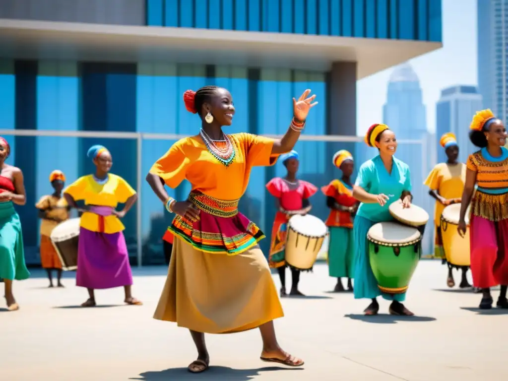 Clase de danza tradicional en África: jóvenes estudiantes en atuendos coloridos bailan al ritmo de tambores, bajo el sol, entre tradición y modernidad