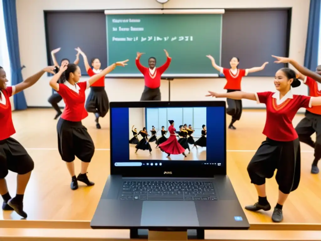 Clase de música y danza tradicional en línea con estudiantes de todo el mundo participando a través de pantallas de ordenador