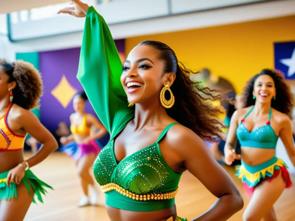 Clase de samba online con energía y coloridos trajes