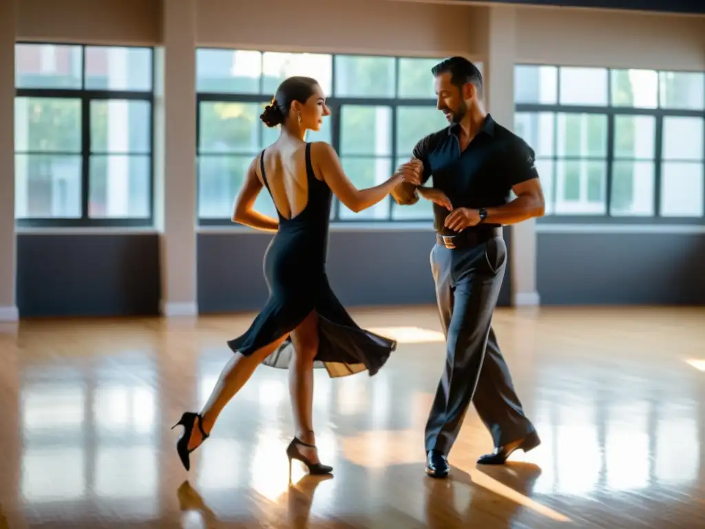 Una clase de tango argentino actual en un estudio moderno y luminoso