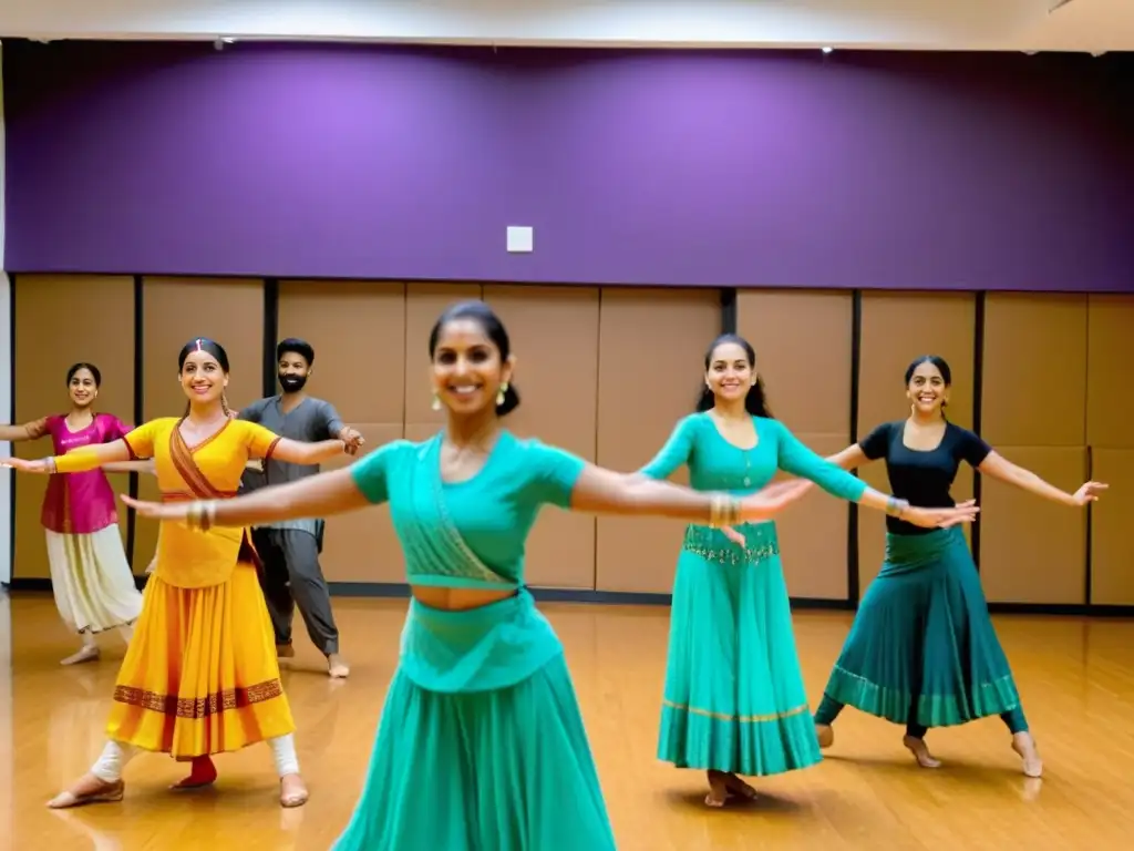 Una clase vibrante de danza india moderna en línea, con instructor y estudiantes dedicados