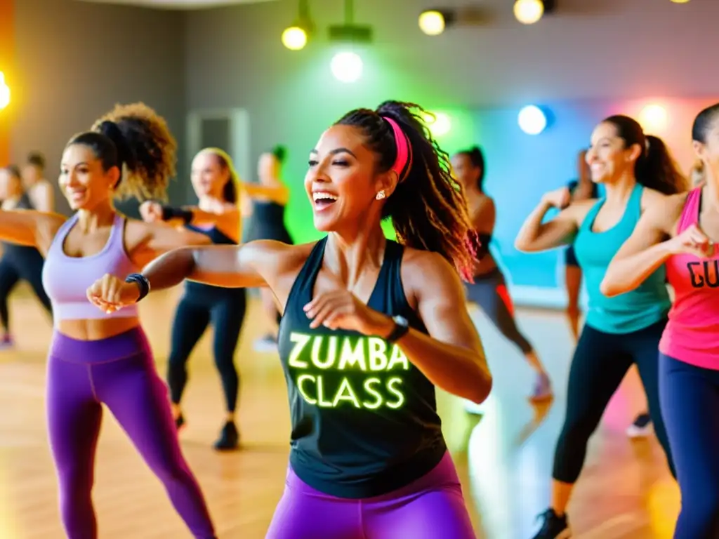 Clase de Zumba con diversidad de personas bailando con energía y alegría, iluminada por luces coloridas