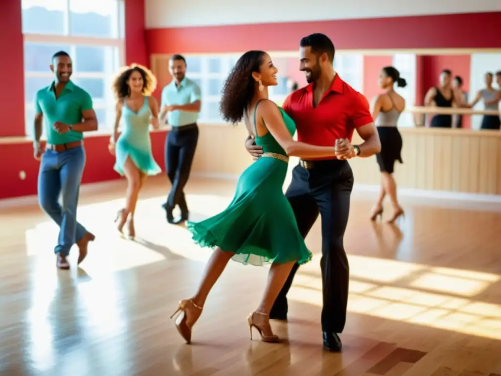 Clases de salsa cubana en pareja: Parejas bailando con pasión en un estudio brillantemente iluminado, con el instructor brindando orientación