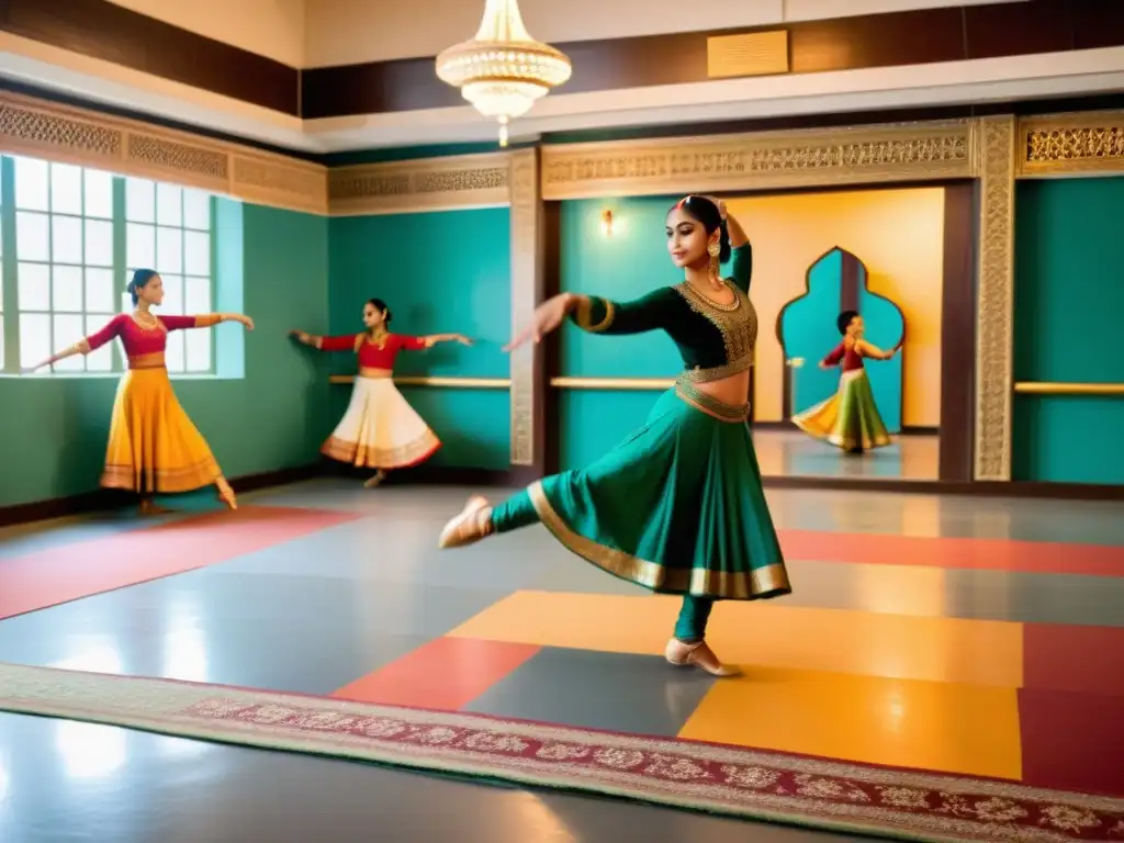 Clases virtuales de Kathak en línea: Estudio de danza tradicional india con bailarines ejecutando movimientos elegantes y coloridos