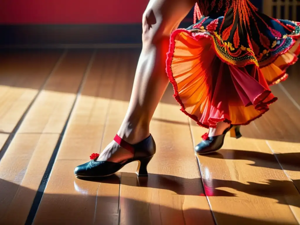 Closeup de los pies de una bailaora de flamenco enérgica, capturando la pasión y el ritmo