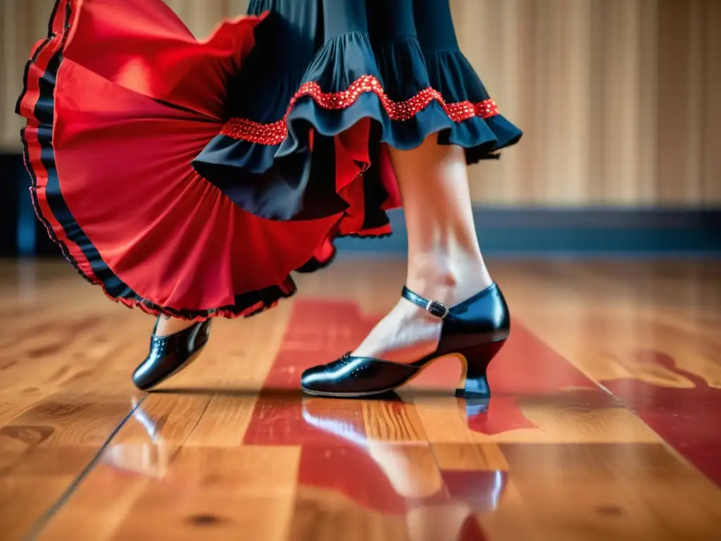 Closeup de pies de bailarina de flamenco en apasionado espectáculo, reflejando técnica y emoción en el taller de baile flamenco