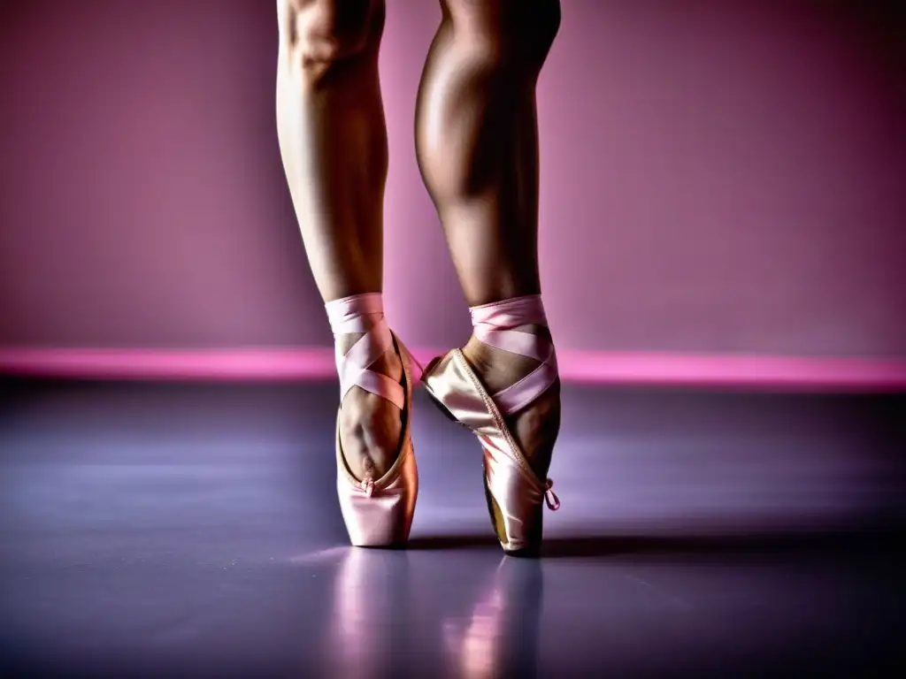 Close-up de pies y tobillos de bailarina en zapatillas rosadas, mostrando el fortalecimiento requerido para la danza