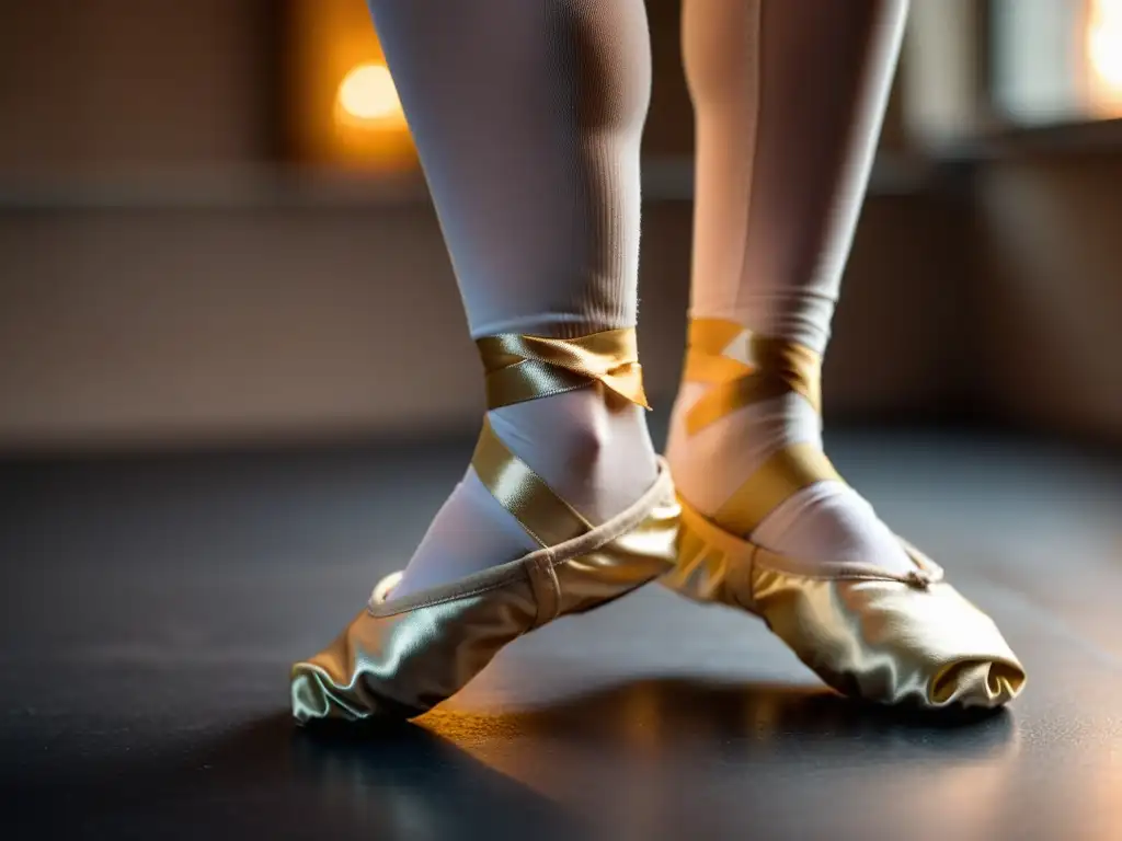 Closeup de zapatillas de ballet desgastadas de un niño, con luz cálida