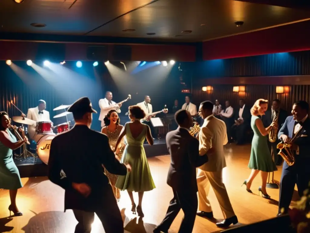 En un club de jazz, una multitud baila con gracia al son del swing, reflejando su significado cultural y la unión que representa