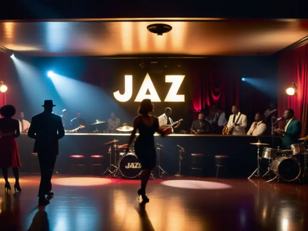 Un club nocturno con ambiente de jazz, gente bailando al ritmo de la música en la pista