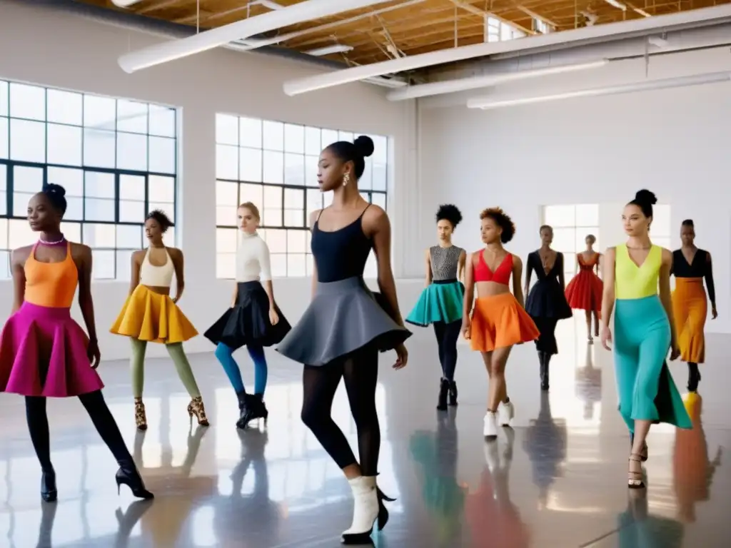 Colaboración entre diseñadores y bailarines en estudio industrial, reflejando la fusión de moda y danza