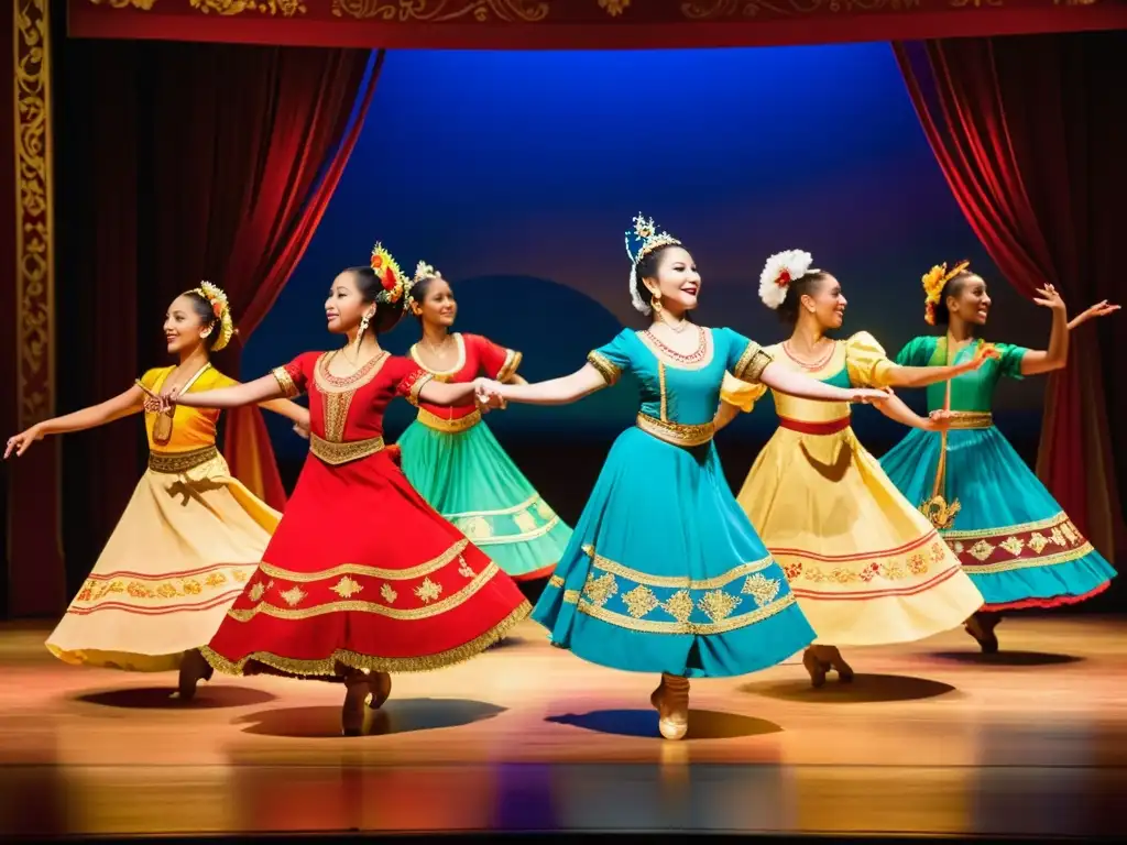 Colaboraciones internacionales documentales danza: Bailarines de diferentes culturas realizan danzas tradicionales en un teatro vibrante y ornamental, celebrando la diversidad y la belleza de la danza alrededor del mundo