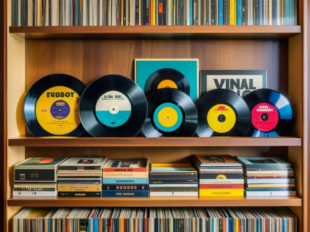 Una colección diversa de vinilos organizados en una estantería de madera, con vibrantes portadas de álbumes que representan danzas del mundo