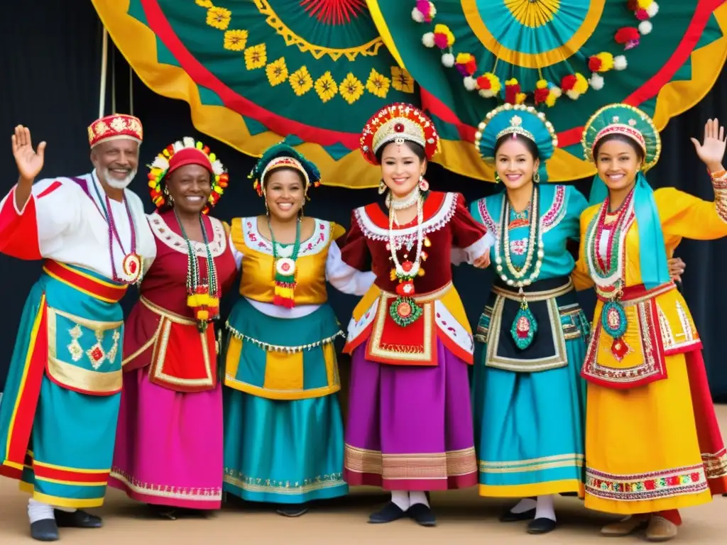 Una colección de ropa de danza tradicional en un festival cultural con bailarines de diferentes edades y culturas unidos en un baile festivo, rodeados de una audiencia diversa