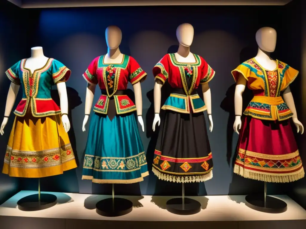 Una colección de ropa de danza tradicional de todo el mundo, exhibida en maniquíes en un museo con una iluminación tenue