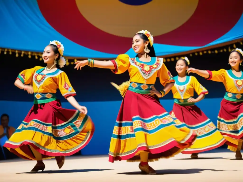 Una colección de ropa de danza tradicional en vibrantes trajes, con bailarines ejecutando una rutina sincronizada en un festival cultural