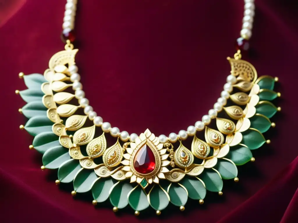 Collar dorado con motivos de danza Bharatanatyam, gemas y perlas, sobre terciopelo rojo