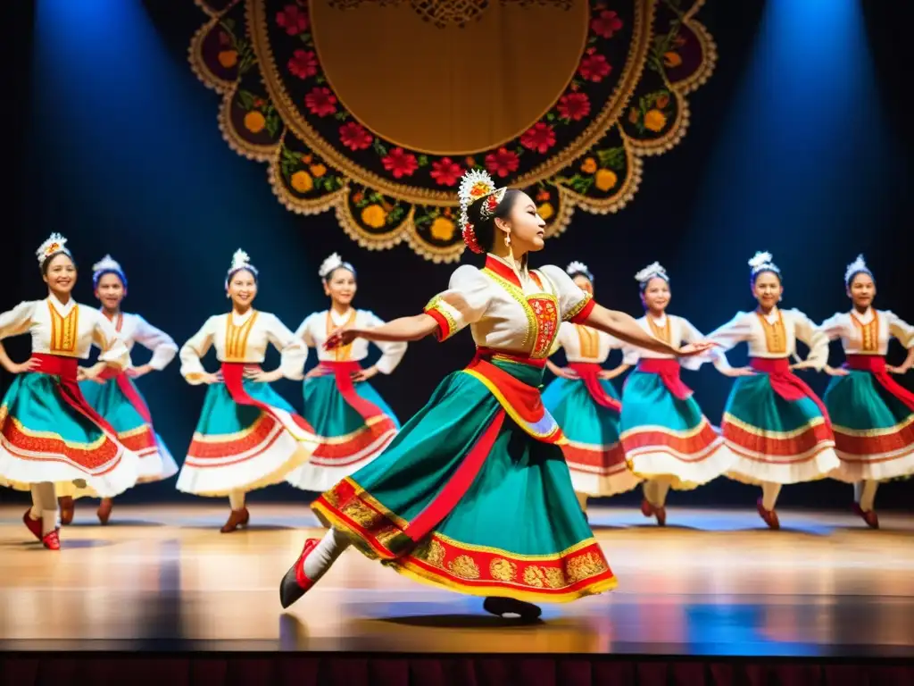 Una colorida actuación de danza folclórica capturada en detalle, con trajes vibrantes y movimientos precisos