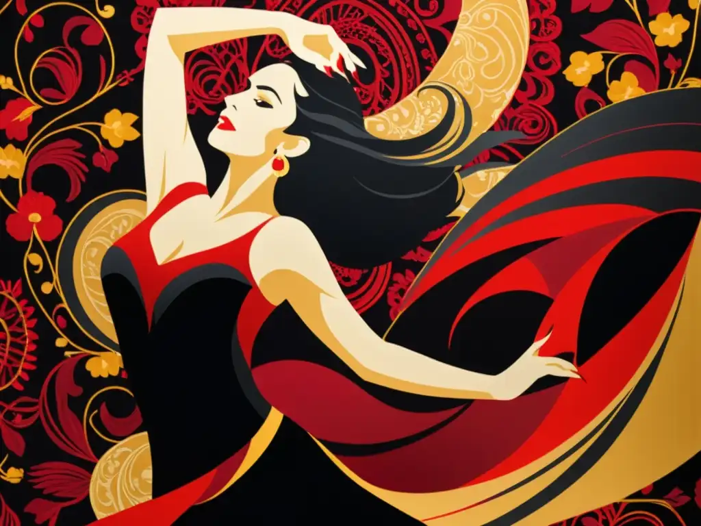 Una colorida alfombra de flamenco tejida con diseños de danza étnica en rojo, negro y dorado, capturando la pasión y energía de la danza andaluza