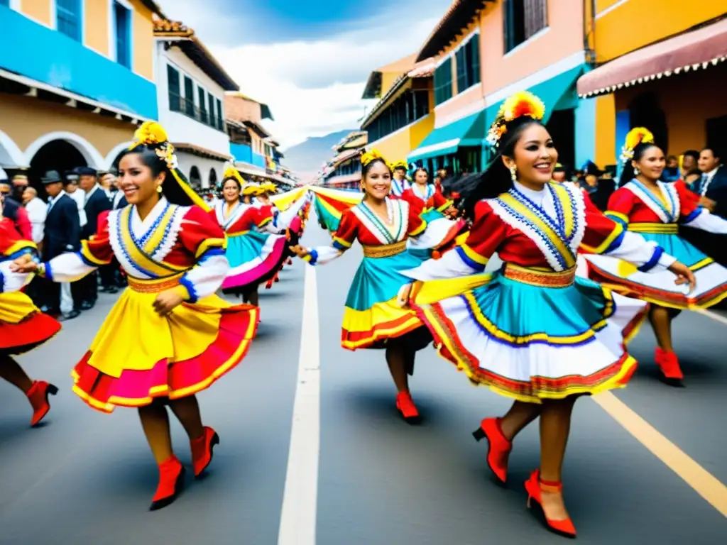 Colorida procesión de bailarines de La Morenada boliviana, reflejando orgullo, historia y significado cultural en vibrante desfile callejero