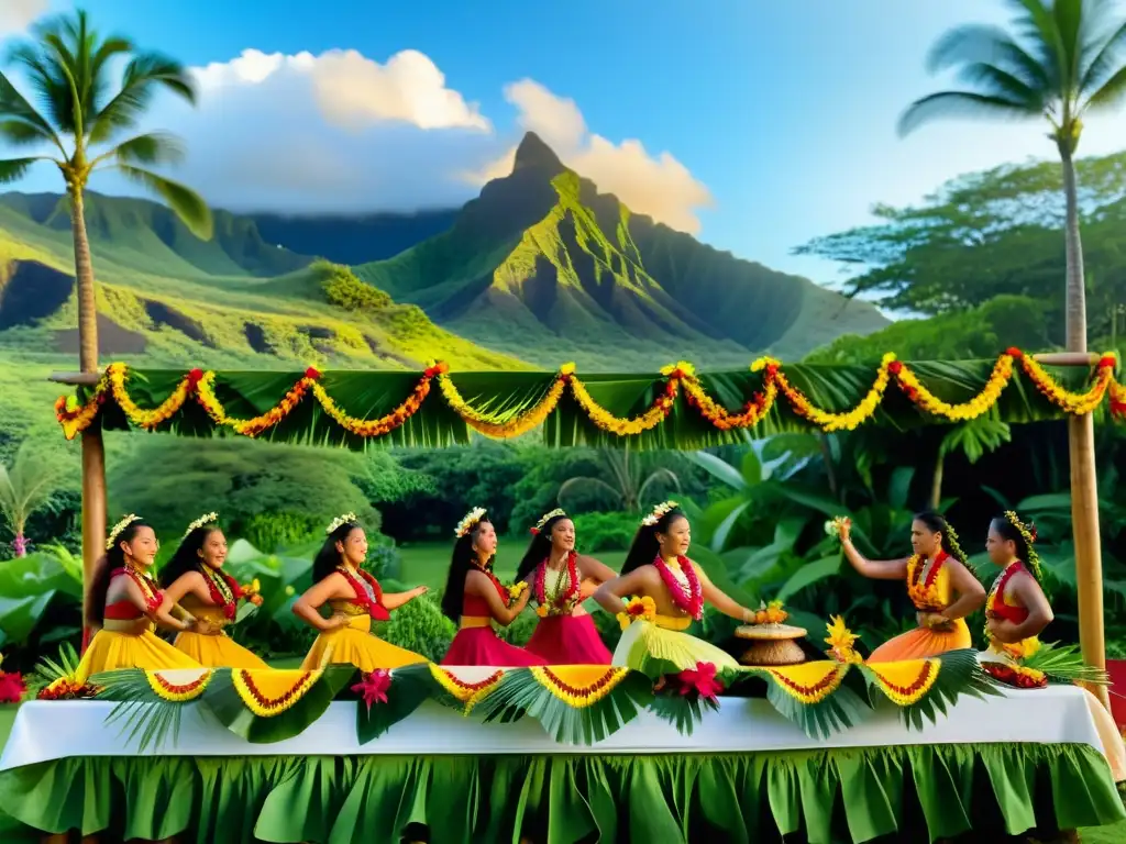 Colorida celebración Lū’au Hawaiano con frutas tropicales, flores y danzas hula bajo la cálida luz del atardecer