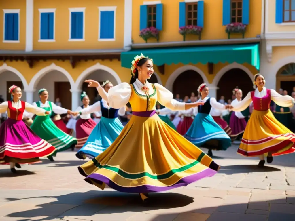 Colorida danza folclórica en plaza animada, con trajes y músicos tradicionales