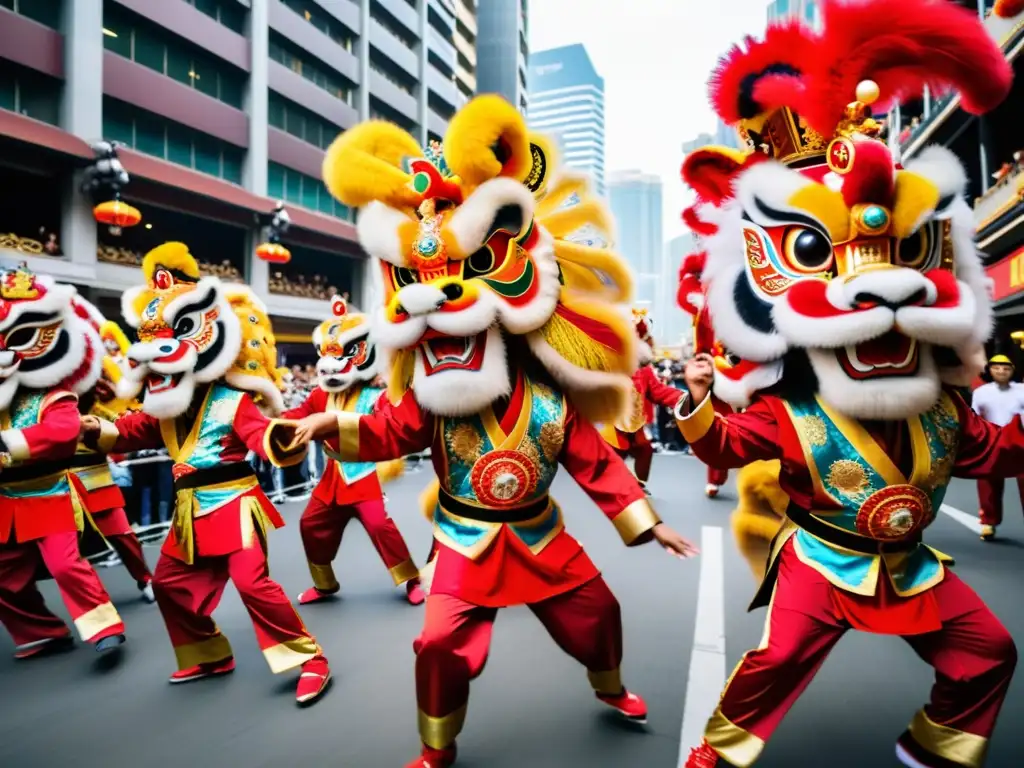 Colorida Danza del León Festival de la Luna: grupo de bailarines en trajes vibrantes, máscaras ornamentales y decoraciones festivas de China