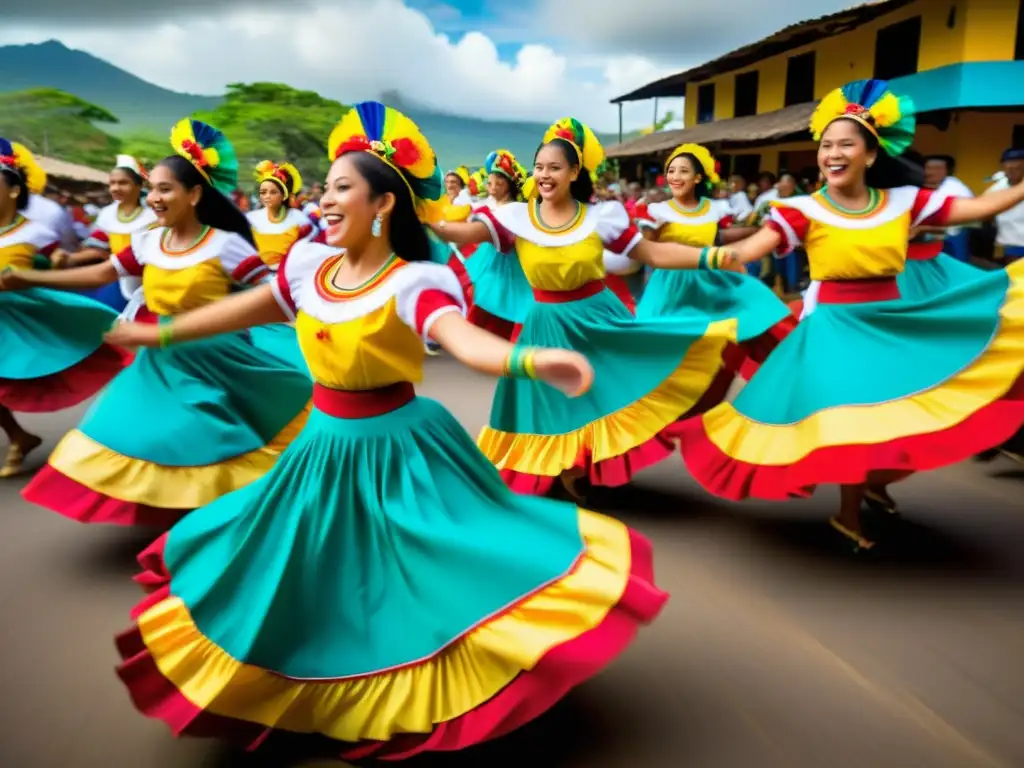 Colorida danza del Palo de Mayo Nicaragüense significado cultural, con movimiento dinámico, trajes elaborados y ambiente festivo