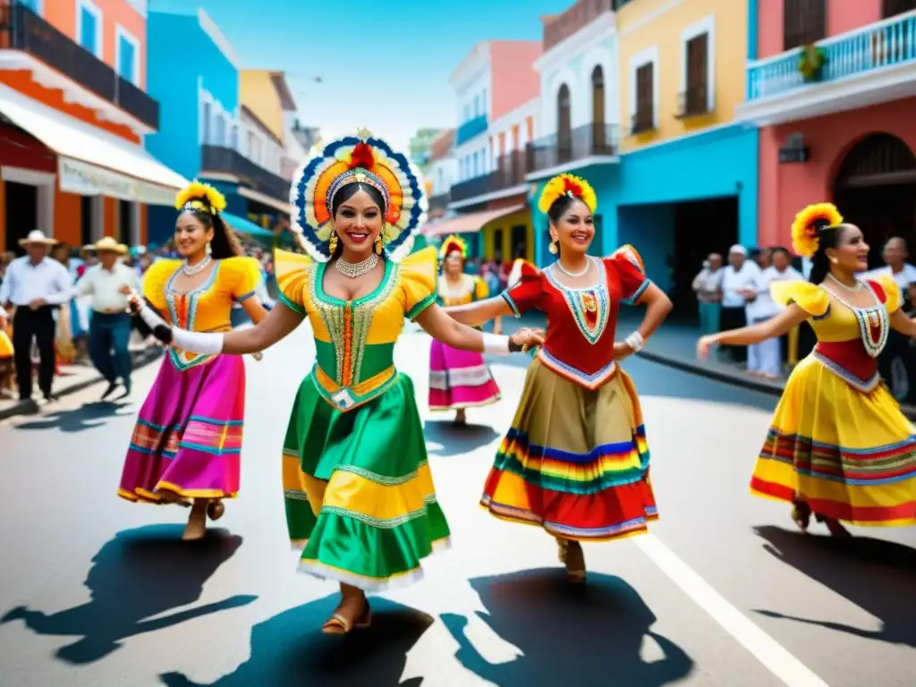 Colorida danza tradicional en una bulliciosa calle latinoamericana