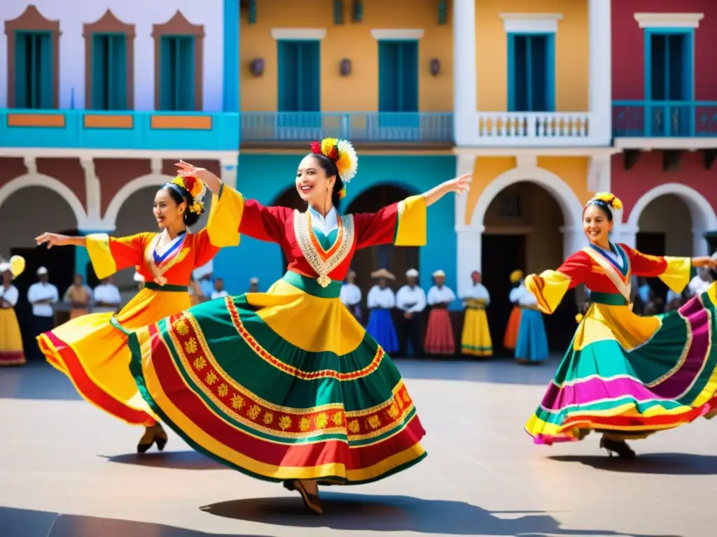 Una colorida danza tradicional internacional en una plaza bulliciosa, promoción cultural danzas tradicionales internacionales