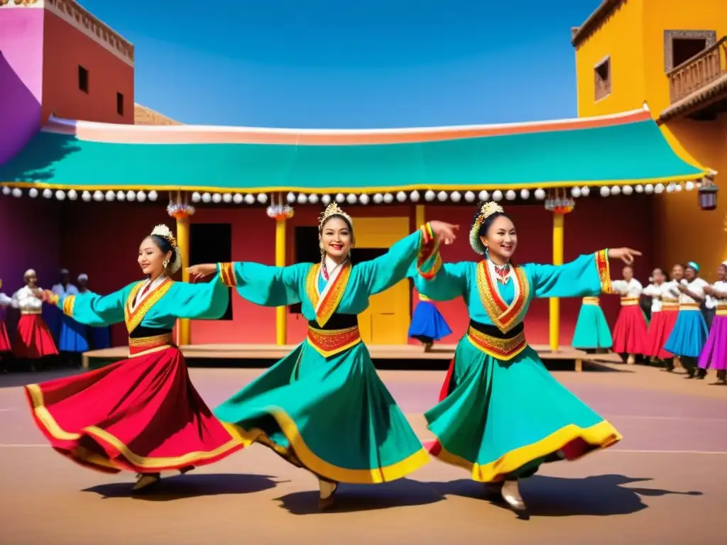 Una colorida presentación de danza tradicional en una plaza, con expresiones apasionadas y movimientos precisos