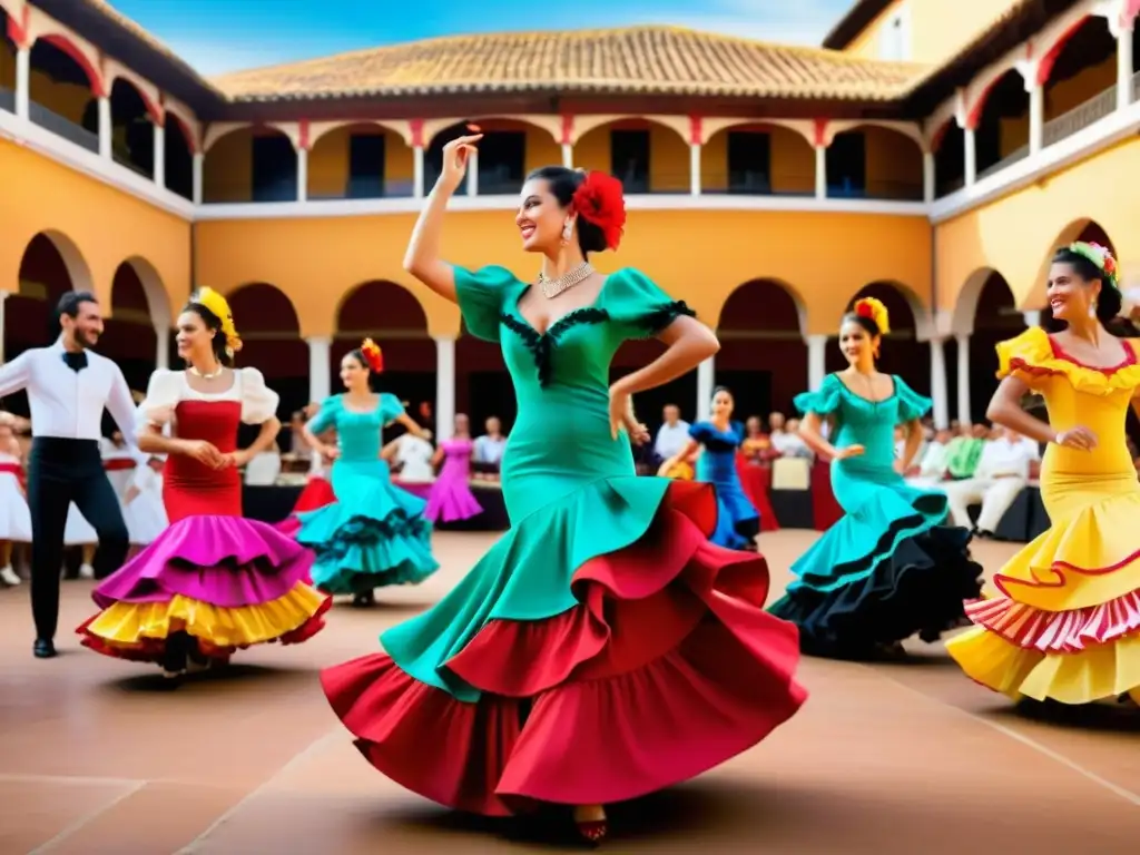 Colorida feria española con baile flamenco y sevillanas, música de danzas folclóricas España llena el ambiente de pasión y alegría