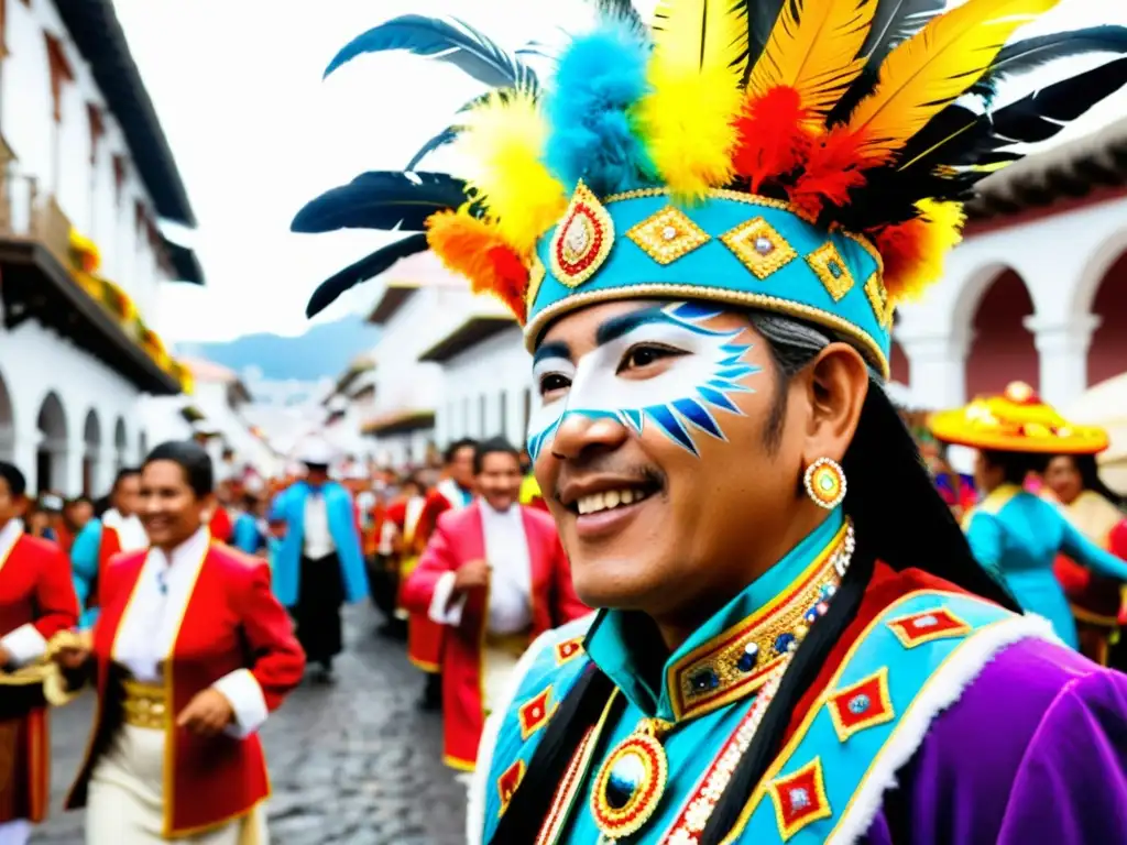 Colorida procesión en Quito, Ecuador durante el Pasacalle ecuatoriano