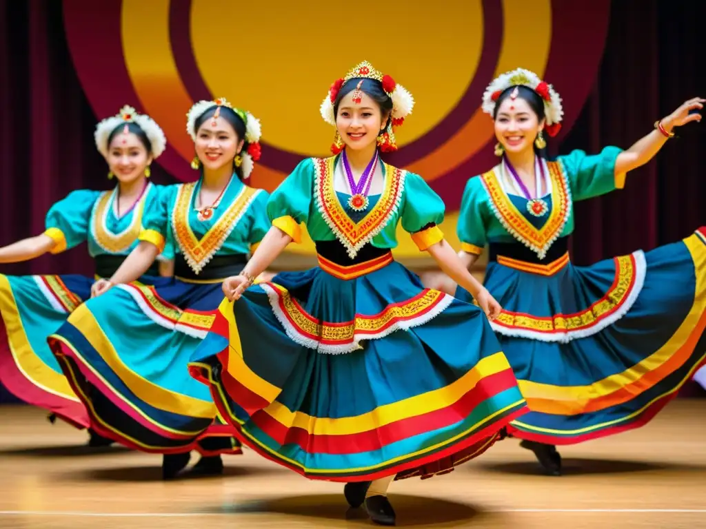 Una colorida presentación de danzas tradicionales con trajes vibrantes y energía festiva