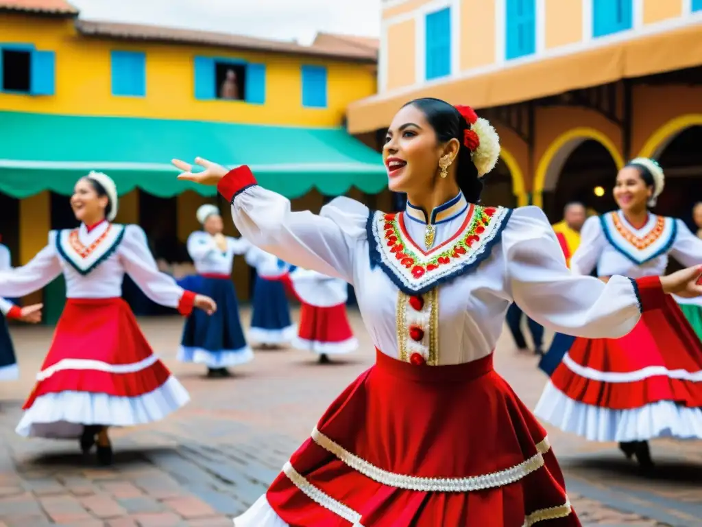 Vibrante Polka Paraguaya: Baile tradicional en Asunción Una colorida presentación de la Polka Paraguaya por un grupo de baile tradicional en un bullicioso mercado de Asunción