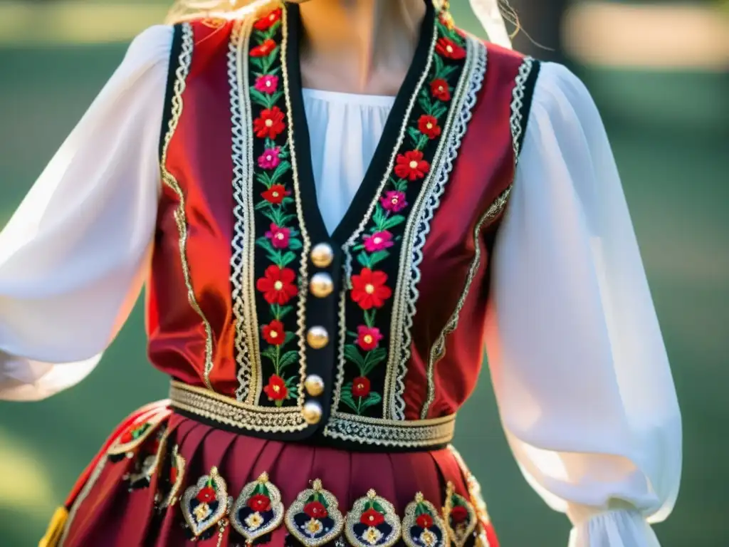 Una colorida vestimenta tradicional húngara con bordados detallados y vibrantes, evocando el significado cultural de la danza csárdás húngara