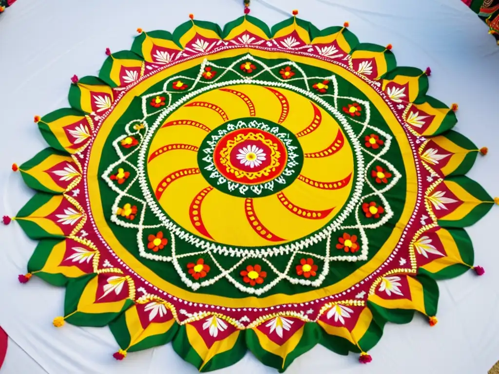 Colorido diseño alpana con mujeres bailando en Pahela Baishakh, reflejando el significado cultural de la festividad bengalí