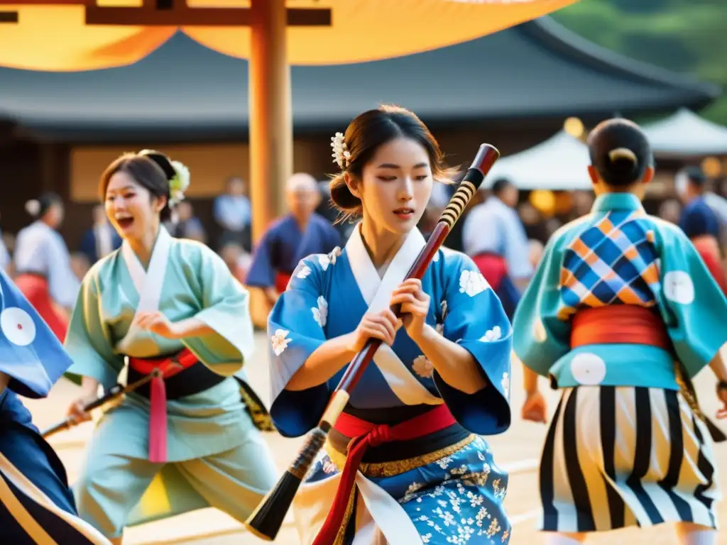 Colorido festival Bon Odori en Japón con yukatas, danzas y músico de shamisen