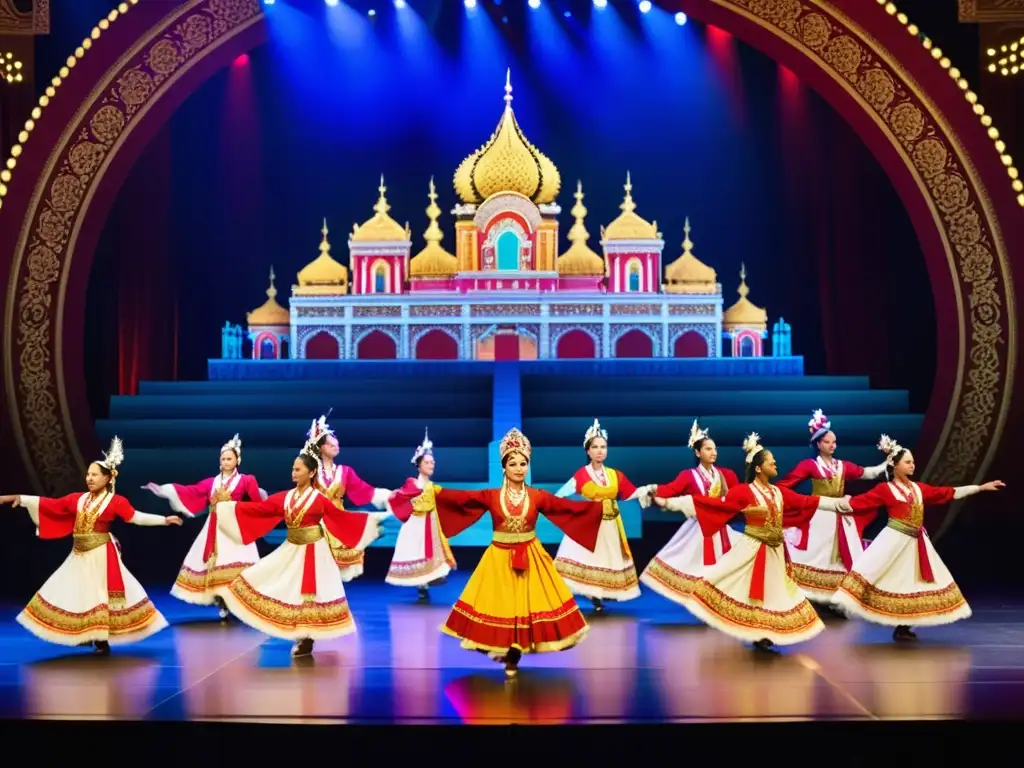 Colorido espectáculo de danza tradicional mundial en un escenario grandioso