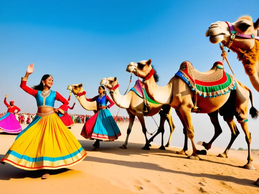 Colorido festival de camellos en Bikaner, Rajastán, con danzas tradicionales y paisaje desértico