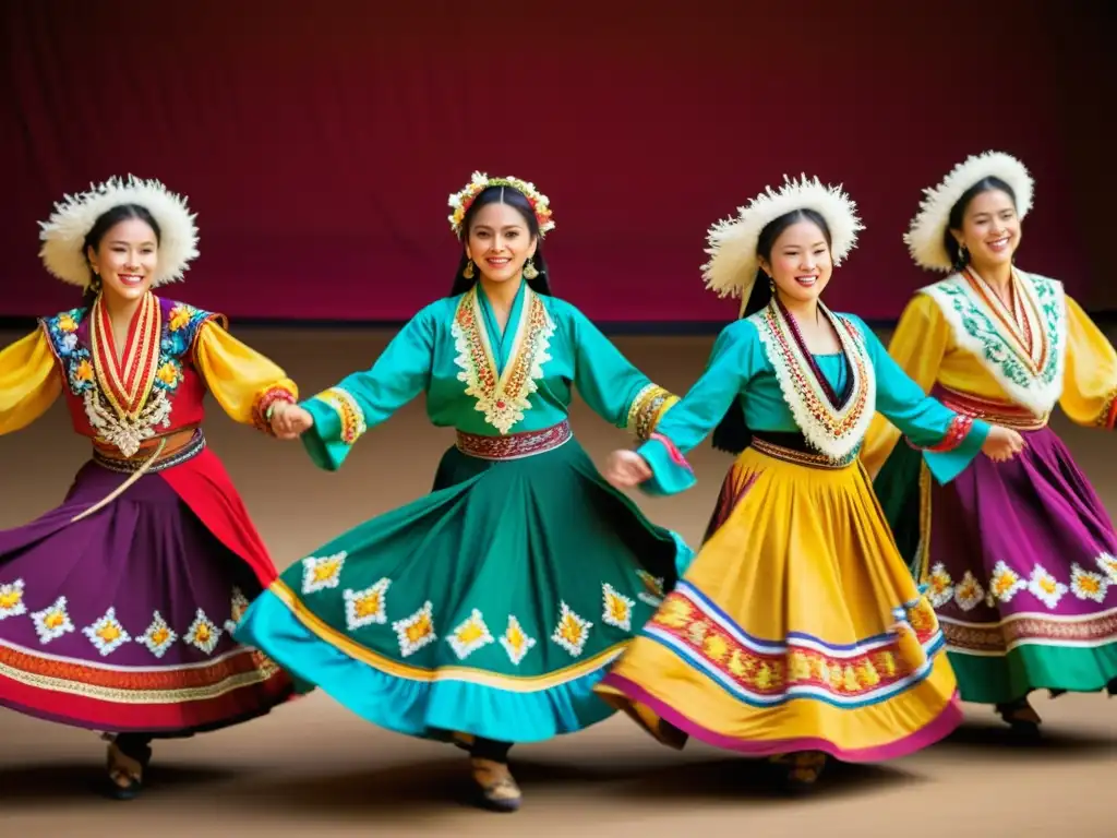 Coloridos trajes folklóricos representando la diversidad cultural en una animada celebración en la plaza del pueblo