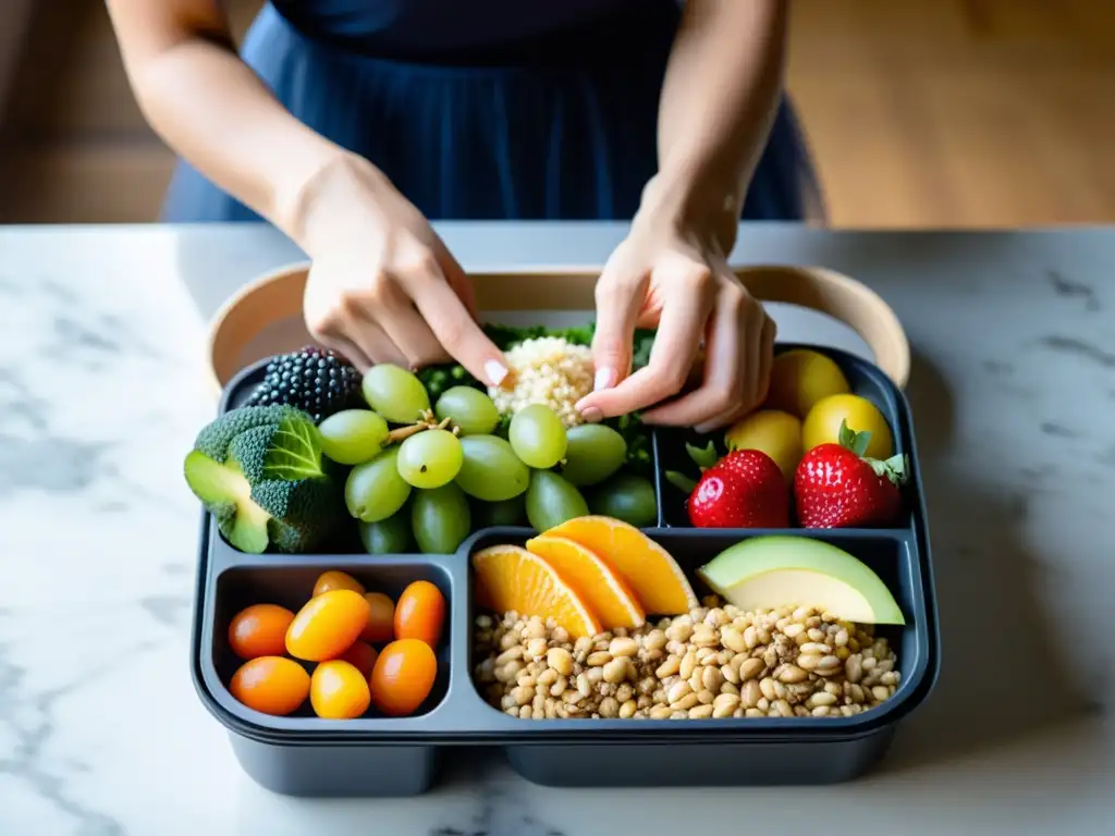 Preparación de comida para bailarina con frutas y verduras, granos, proteínas y nueces en bento box en estudio de ballet con luz natural