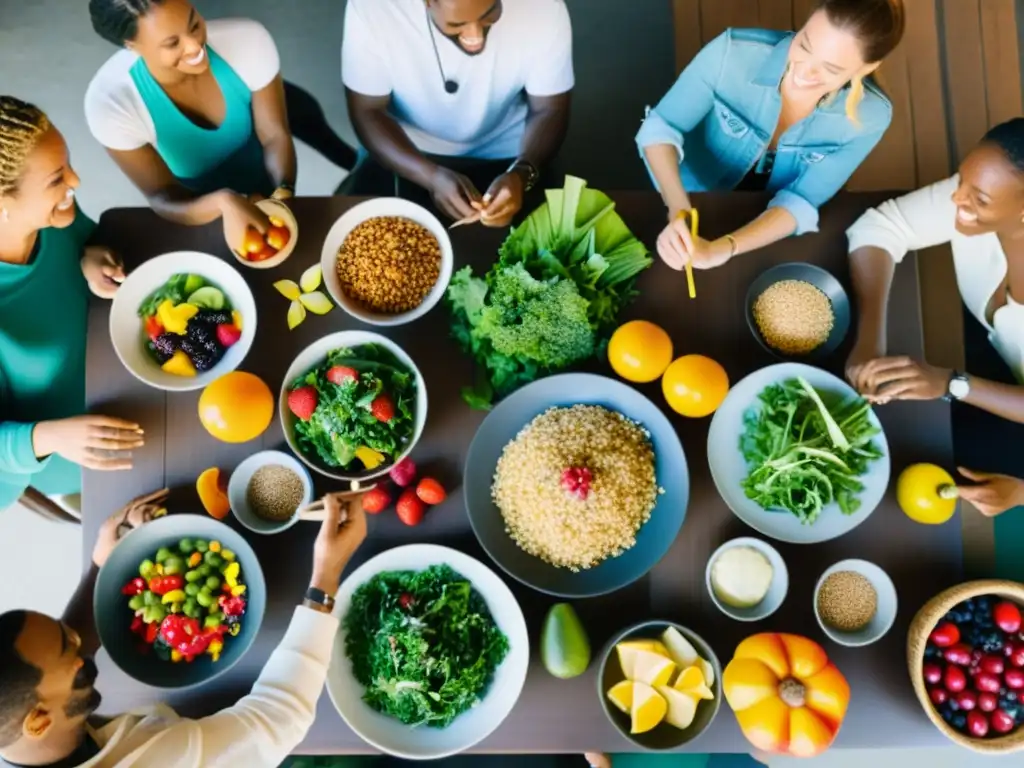 Planificación de comidas para giras: Músicos compartiendo una comida saludable y diversa en una mesa comunal, creando un ambiente cálido y acogedor