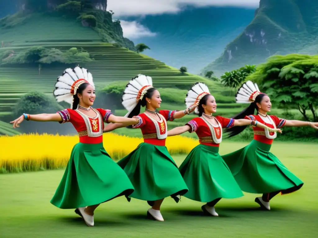 La Compañía de danza tradicional emprendedores ejecuta una rutina dinámica y sincronizada en trajes vibrantes, con expresiones llenas de pasión