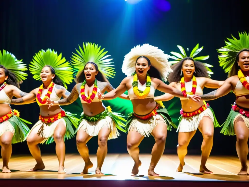 Competencia de danza del Pacífico: Apasionada actuación de bailarines con trajes tradicionales y leis coloridos, en un escenario iluminado por cálida luz dorada