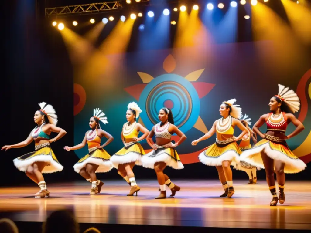 Competencia de danza multicultural Australia: Presentación impactante de bailes aborígenes en vibrante escenario, cautivando a diverso público