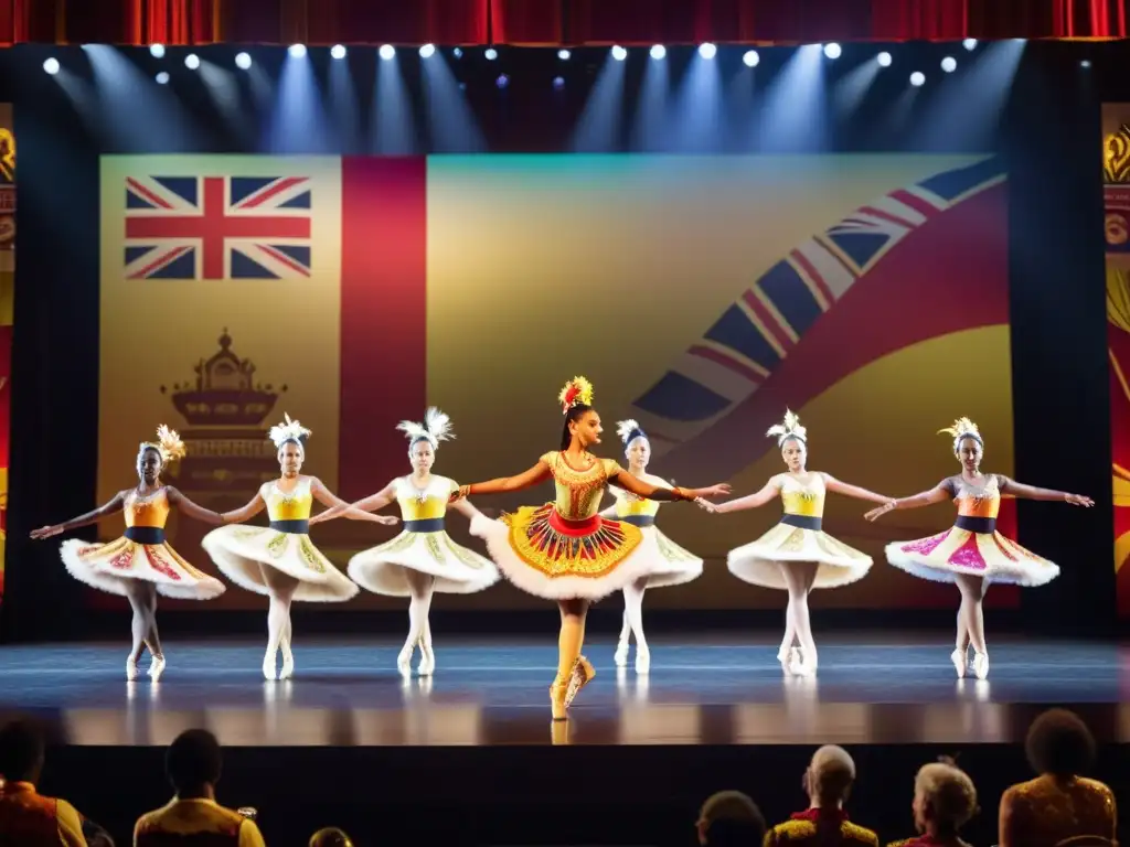 Competencia de danza multicultural Australia: Baile sincronizado en un escenario iluminado, con trajes vibrantes y público emocionado