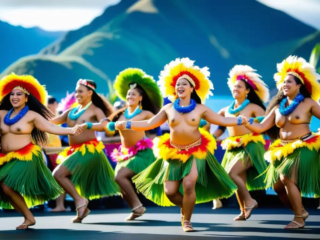 Competencia de danza del Pacífico: Grupo de bailarines con trajes tradicionales en festival Pasifika, Nueva Zelanda, danza vibrante y colorida