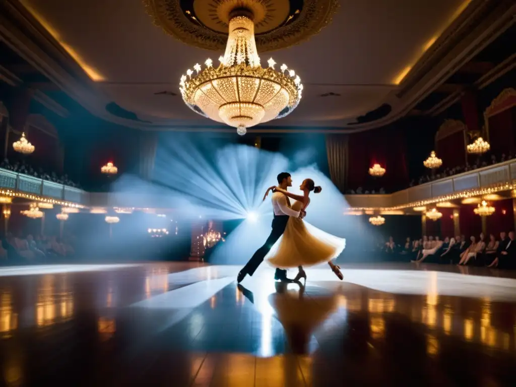 Competencia Mundial Baile Deportivo Blackpool: Baile apasionado en una elegante sala de baile con luz tenue y un ambiente electrizante